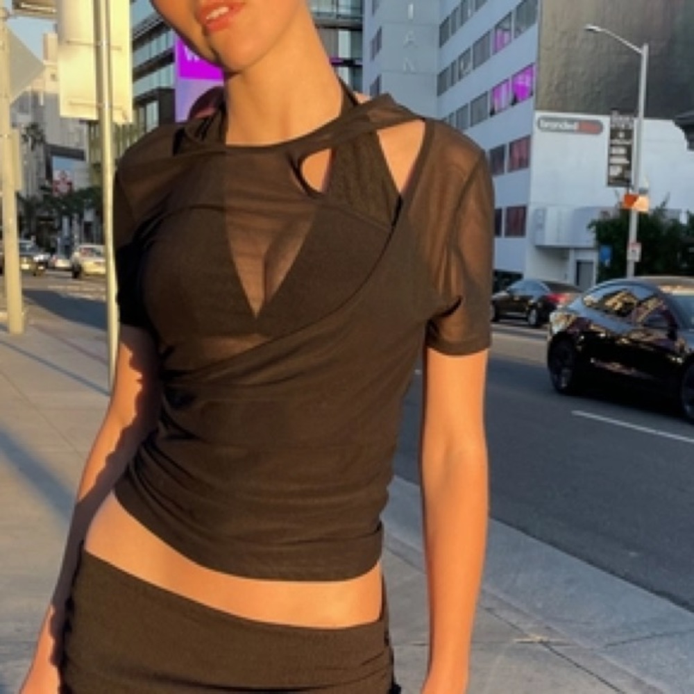 NWOT Oak+Fort mesh layered short sleeve black see through top